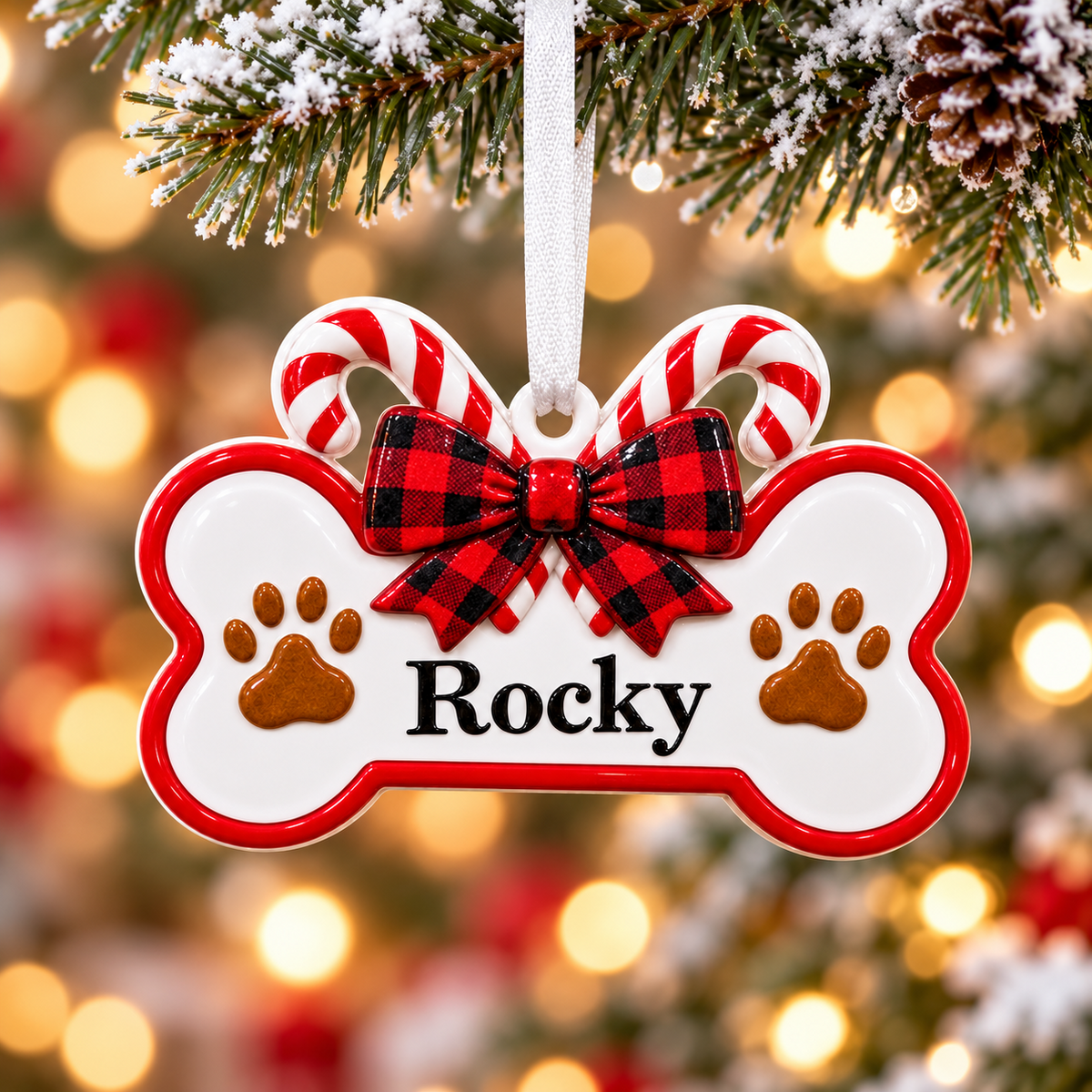 Dog Bone Holiday Keepsake with Candy Canes and Plaid Ribbon Bow - 3D Relief Ornament