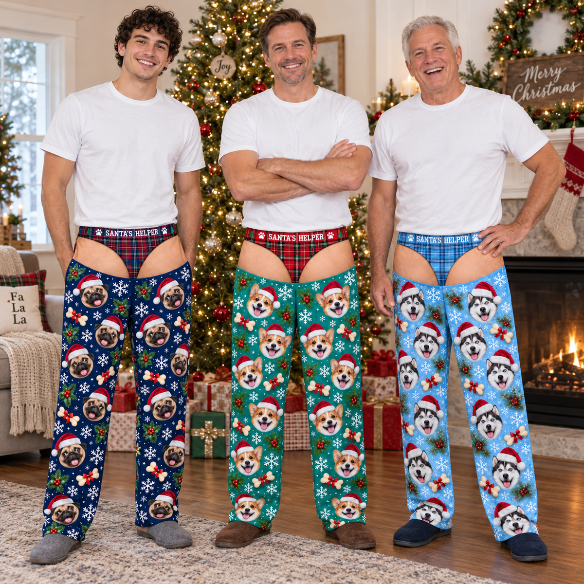 Mens Cutout Christmas Dog Print Pajama Pants with Plaid Briefs