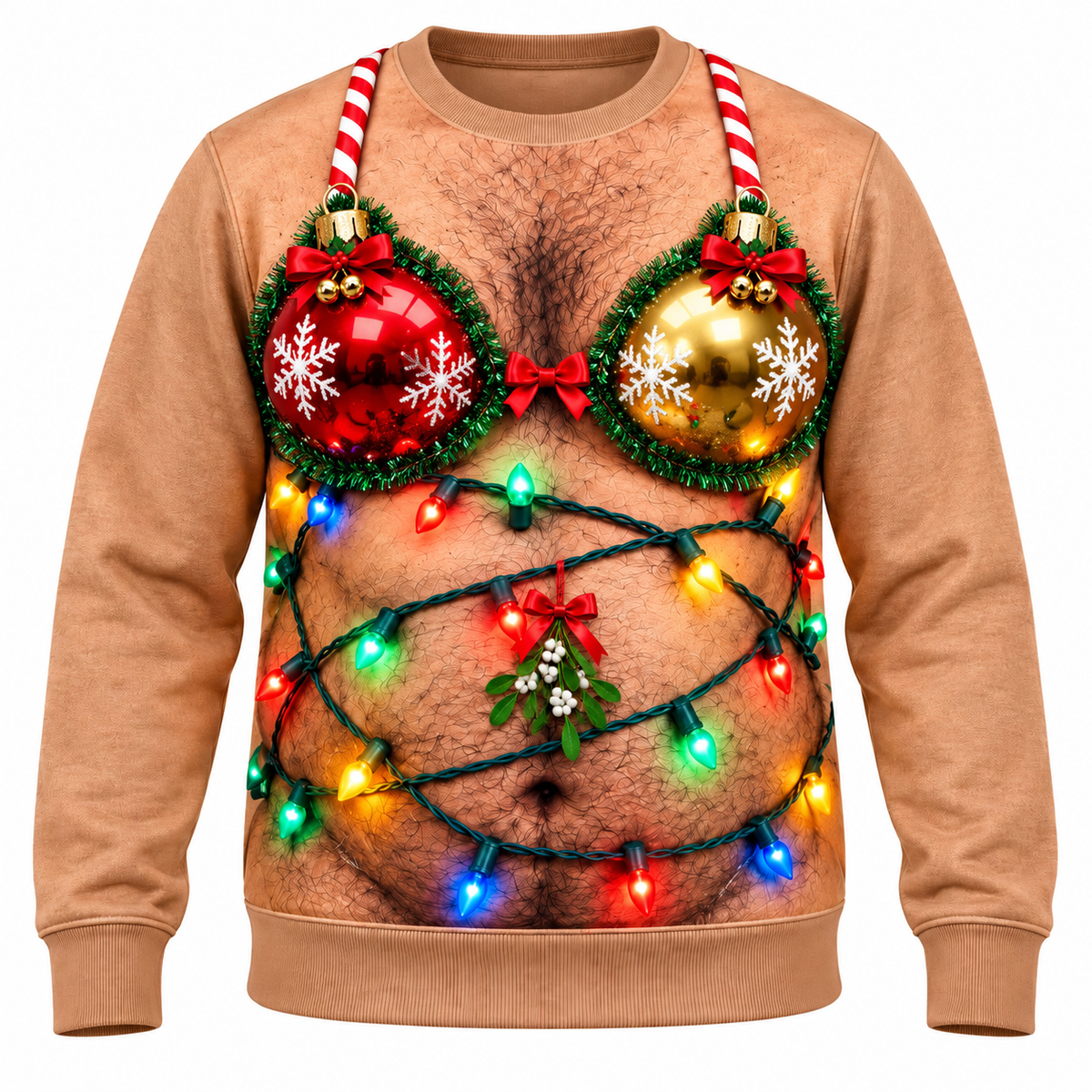 Funny Christmas Sweatshirt Hairy Chest Bikini Graphic Tan Pullover
