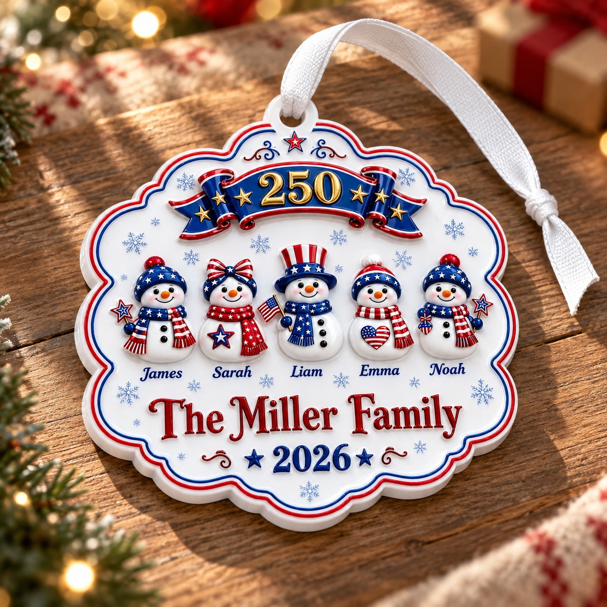 Patriotic Snowman Family of 5 America 250th Scalloped Christmas Hanging Keepsake - 3D Relief Ornament