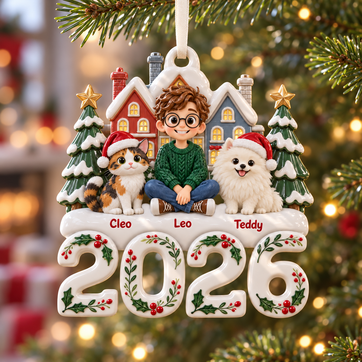Dated 2026 Christmas Village Snowy Townhouse and Pine Tree Holiday Decor - 3D Relief Ornament