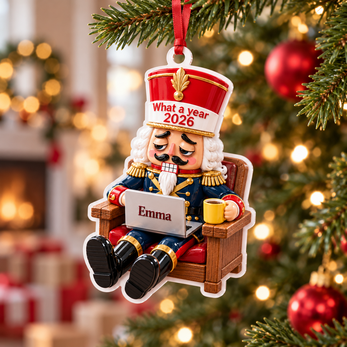 Tired Nutcracker Working from Home in Armchair Acrylic Christmas Tree Hanging Decor - 3D Relief Ornament