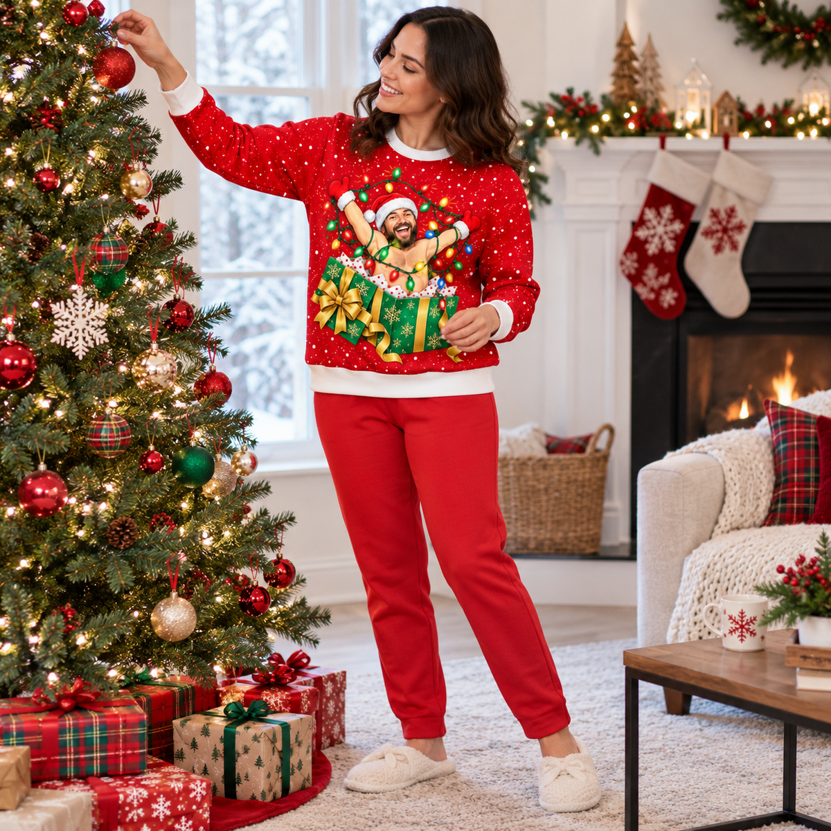Christmas Sweatshirt Man in Wrapped Present Box Holiday Crewneck