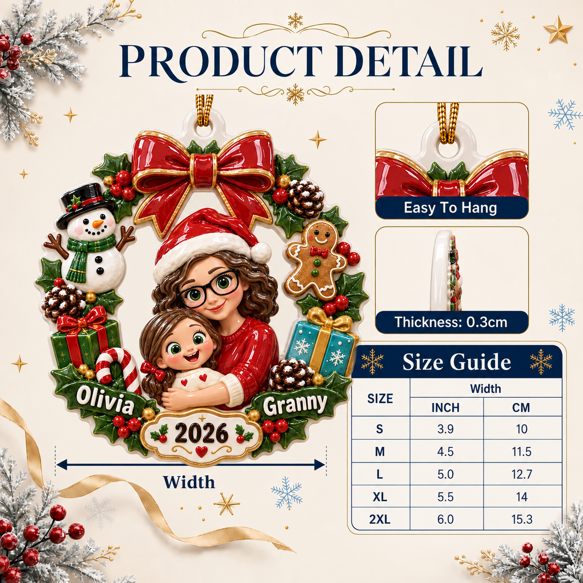 Grandmother and Granddaughter Christmas Wreath Holiday Keepsake - 3D Relief Ornament