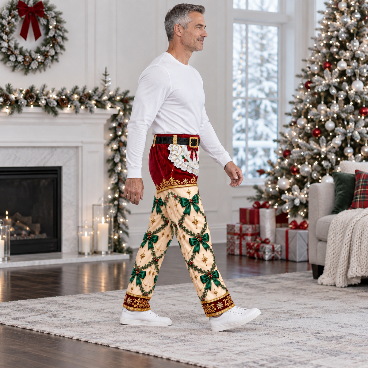 Christmas Holiday Print Trousers Casual Elastic Waist Pants
