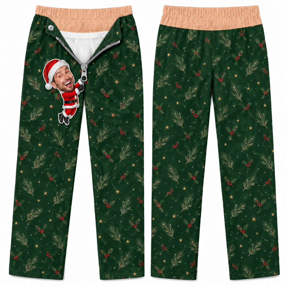 Mens Christmas Pajama Pants Novelty Zipper Print Holiday Loungewear