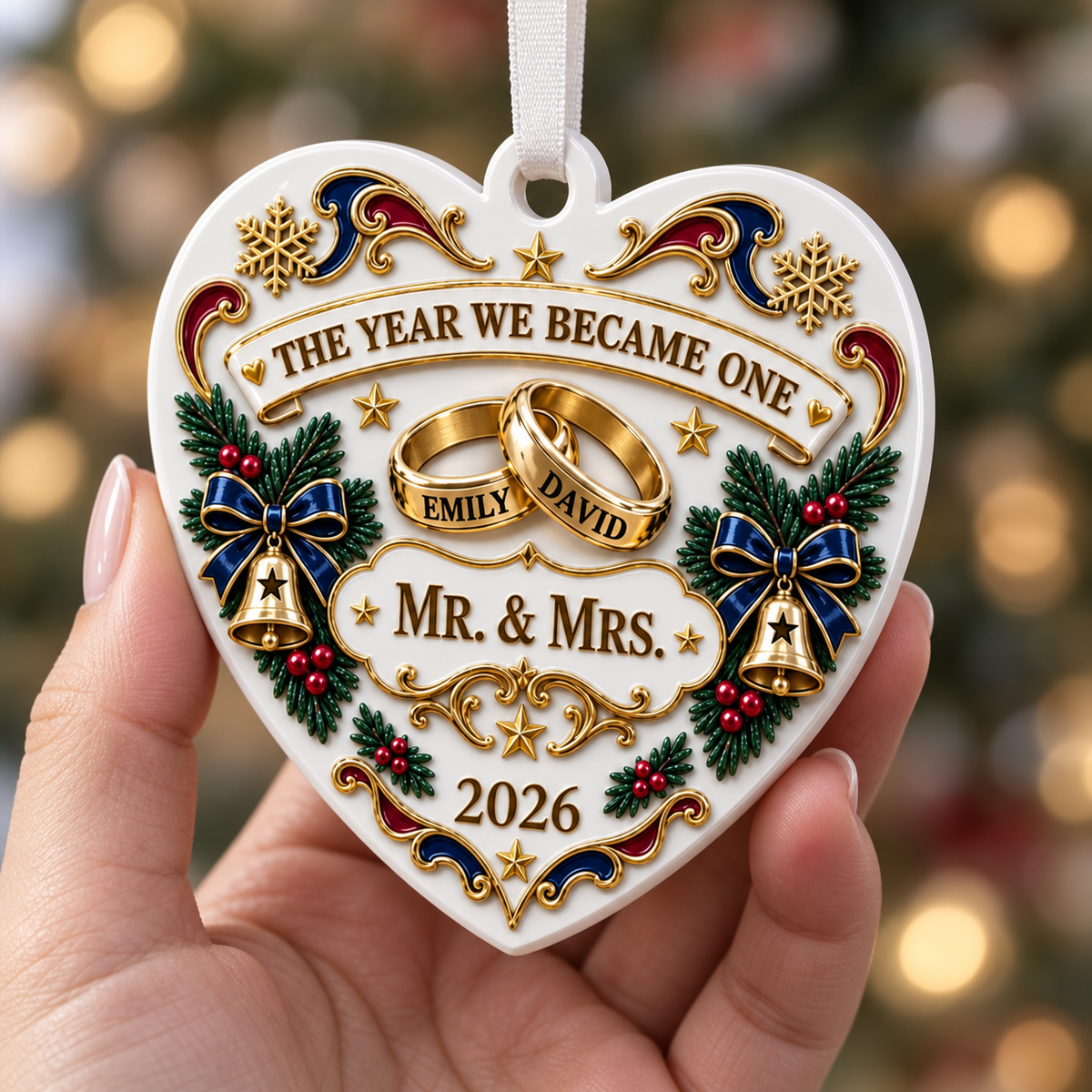 Heart Wedding Keepsake with Rings and Bells for Christmas Tree Decor - 3D Relief Ornament