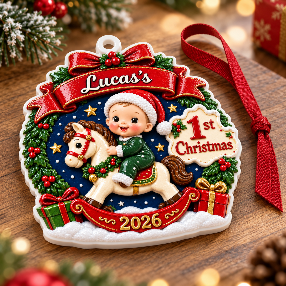 Baby First Christmas Rocking Horse Holiday Keepsake - 3D Relief Ornament