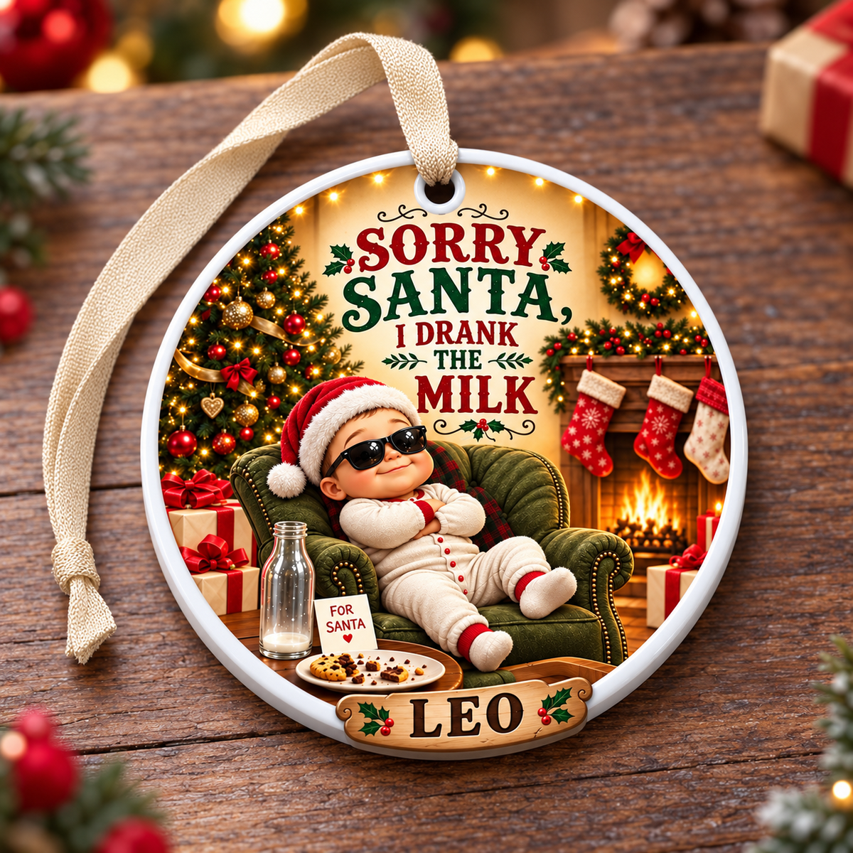 Baby In Sunglasses Sorry Santa I Drank The Milk Round Holiday Keepsake - 3D Relief Ornament