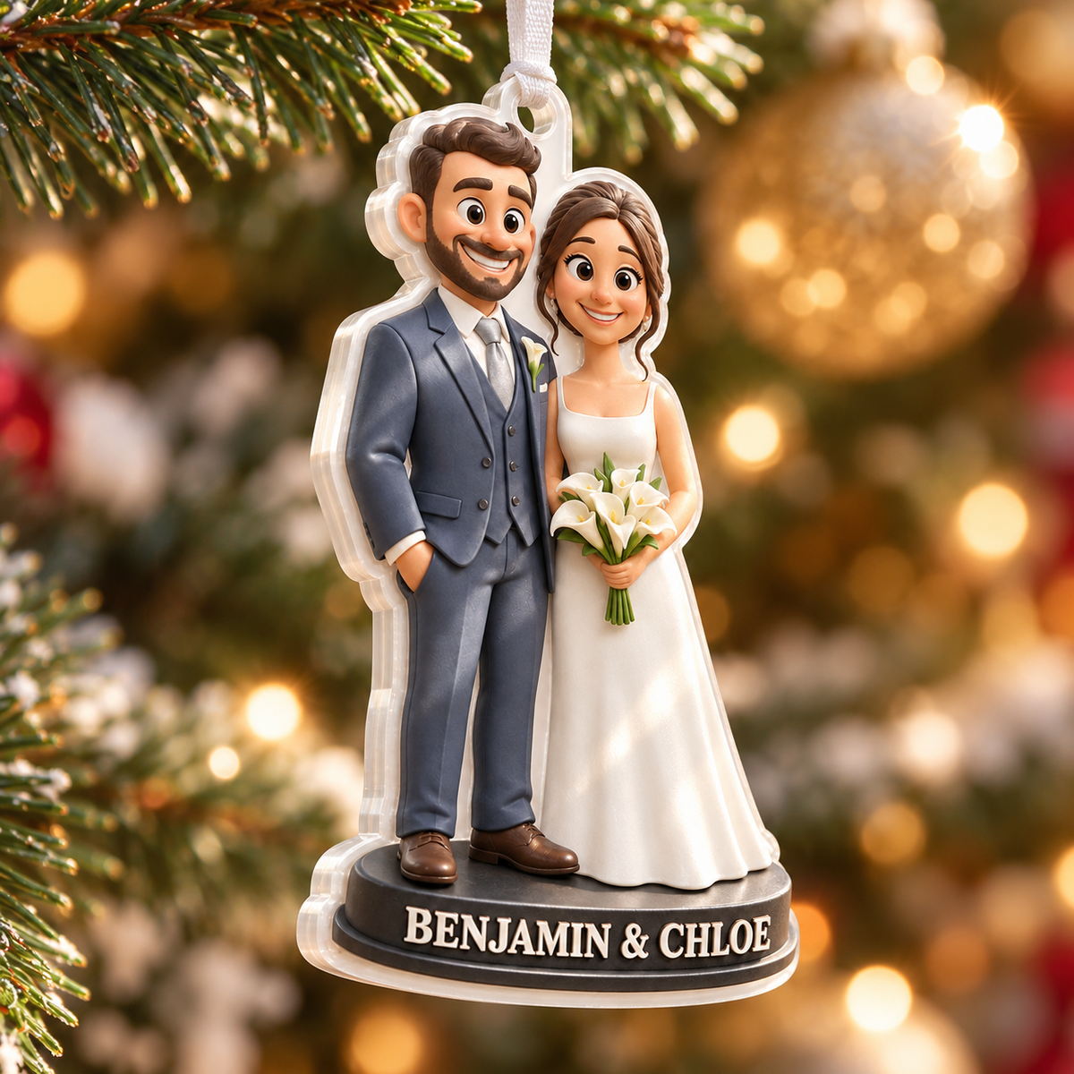 Bride and Groom Wedding Couple Acrylic Hanging Holiday Keepsake - 3D Relief Ornament