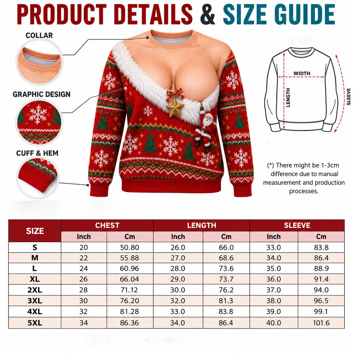 Funny Cleavage Ugly Christmas Sweatshirt, Faux Chest Holiday Top