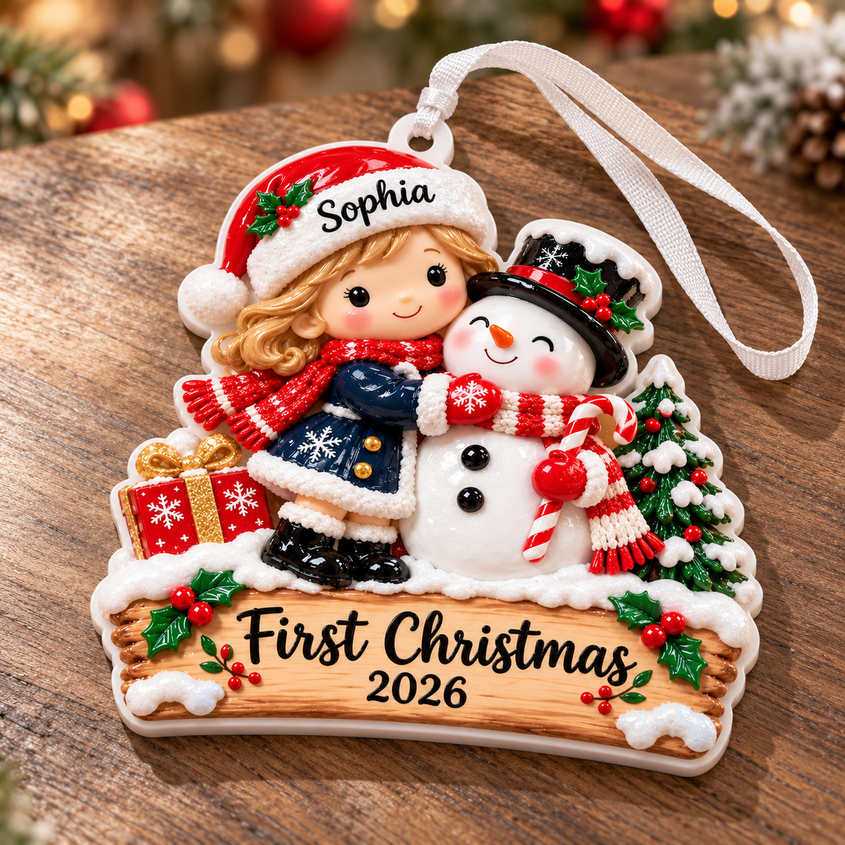Baby Girl and Snowman First Christmas Tree Hanging Keepsake - 3D Relief Ornament