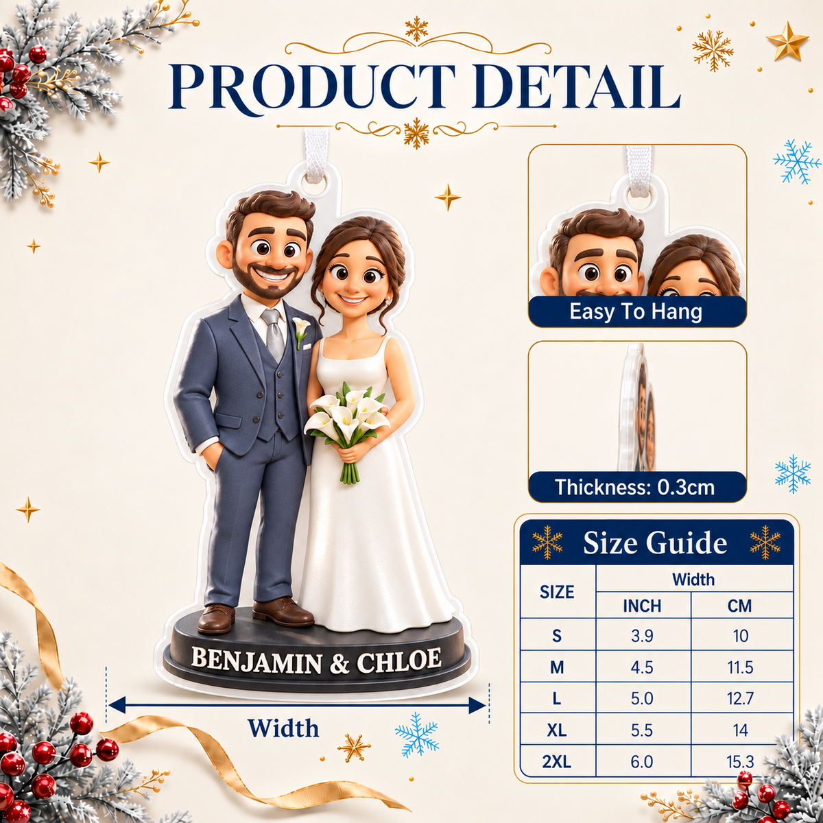 Bride and Groom Wedding Couple Acrylic Hanging Holiday Keepsake - 3D Relief Ornament