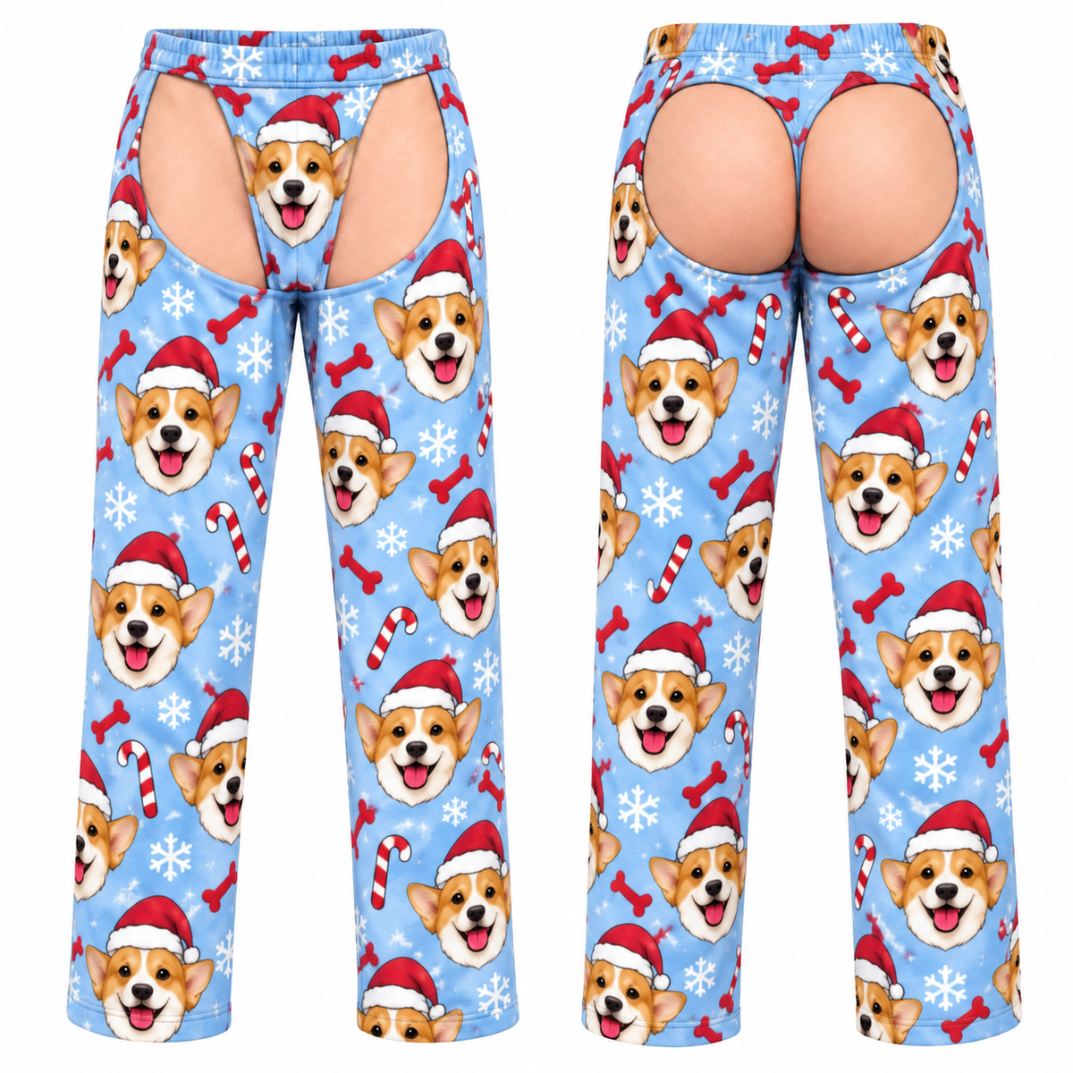 Men's Christmas Corgi Cutout Pajama Pants Light Blue Novelty Chaps