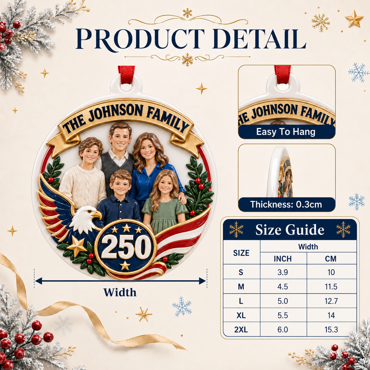 Christmas Tree Hanging Medallion Patriotic American 250 Family Portrait - 3D Relief Ornament