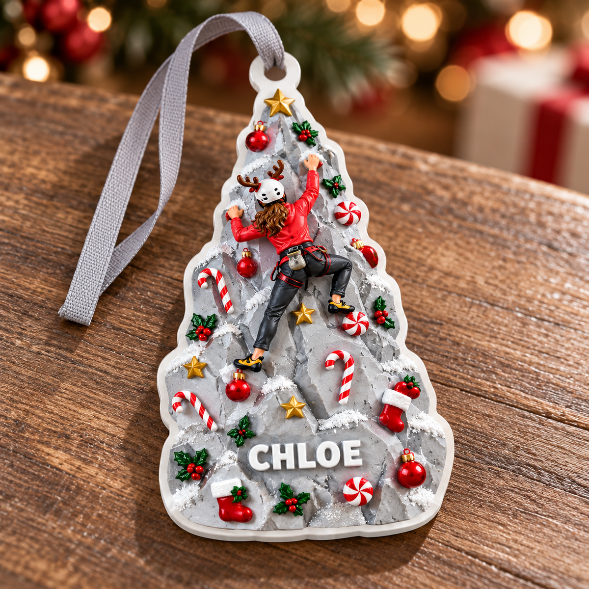 Rock Climbing Pine Tree Holiday Bauble Hanging Acrylic Keepsake - 3D Relief Ornament