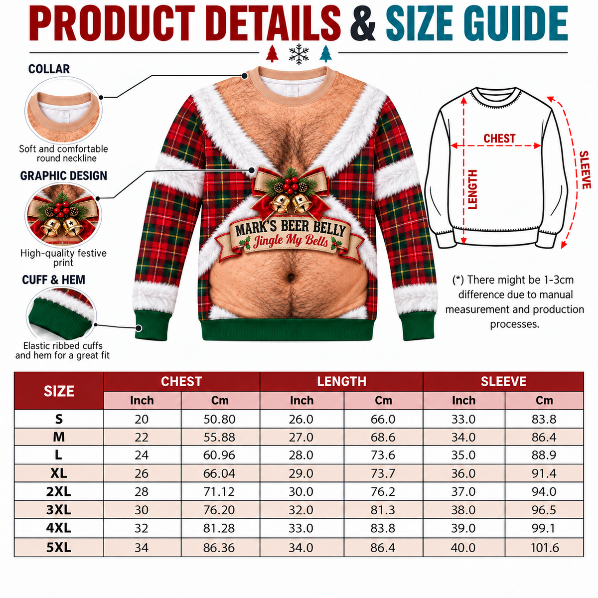 Funny Christmas Sweatshirt Hairy Chest Beer Belly Plaid Pullover