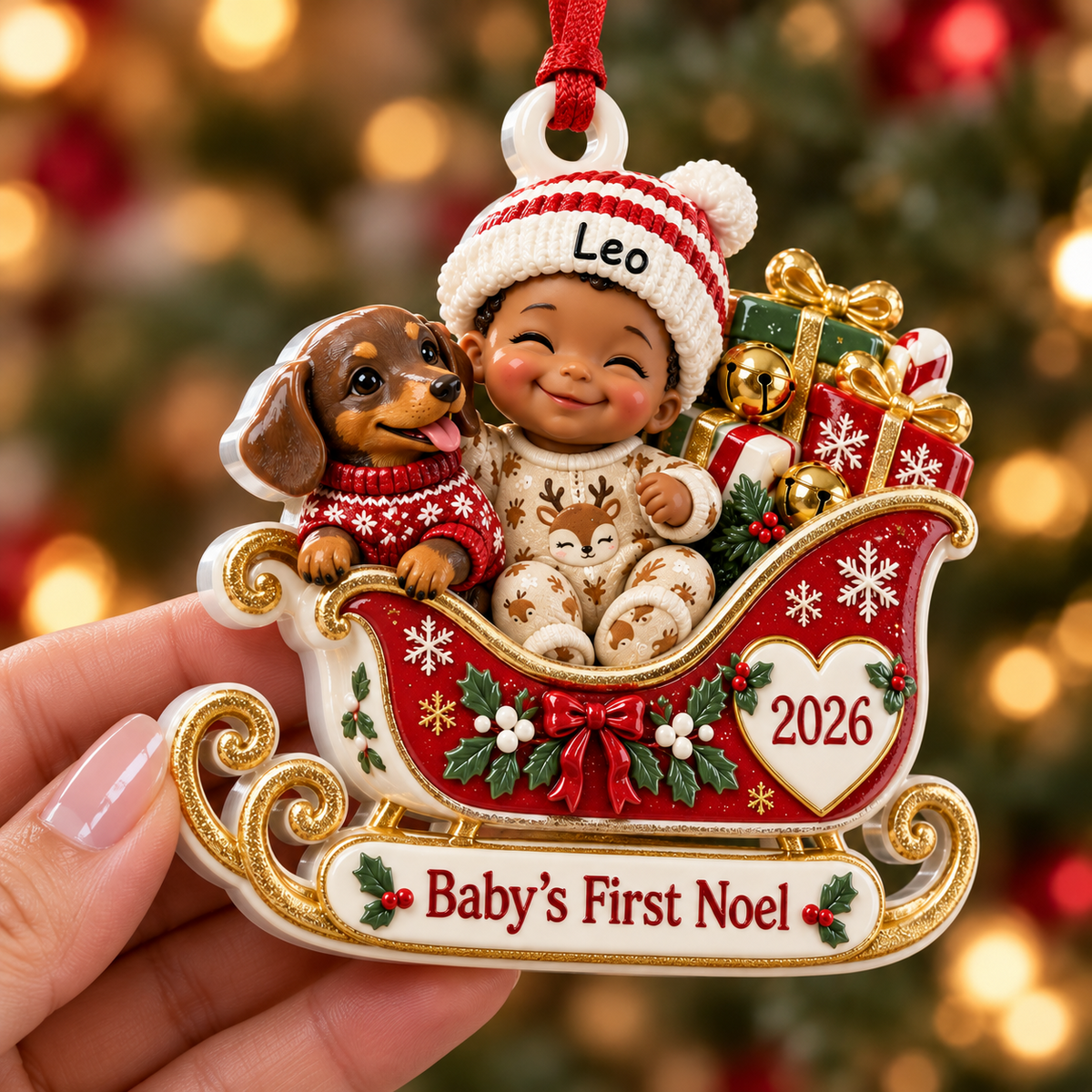 Baby's First Noel Christmas Sleigh with Dachshund Dog Keepsake - 3D Relief Ornament