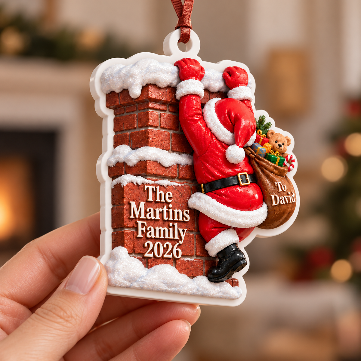 Santa Climbing Brick Chimney Christmas Tree Hanging Keepsake - 3D Relief Ornament