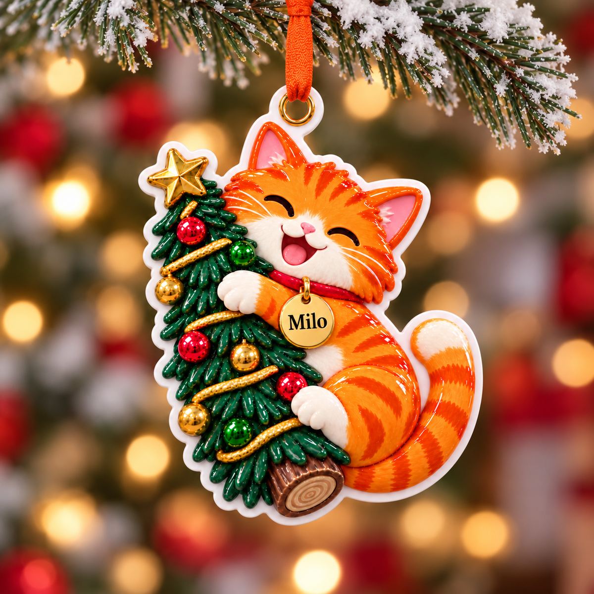 Orange Tabby Cat Hugging Christmas Tree Holiday Keepsake - 3D Relief Ornament