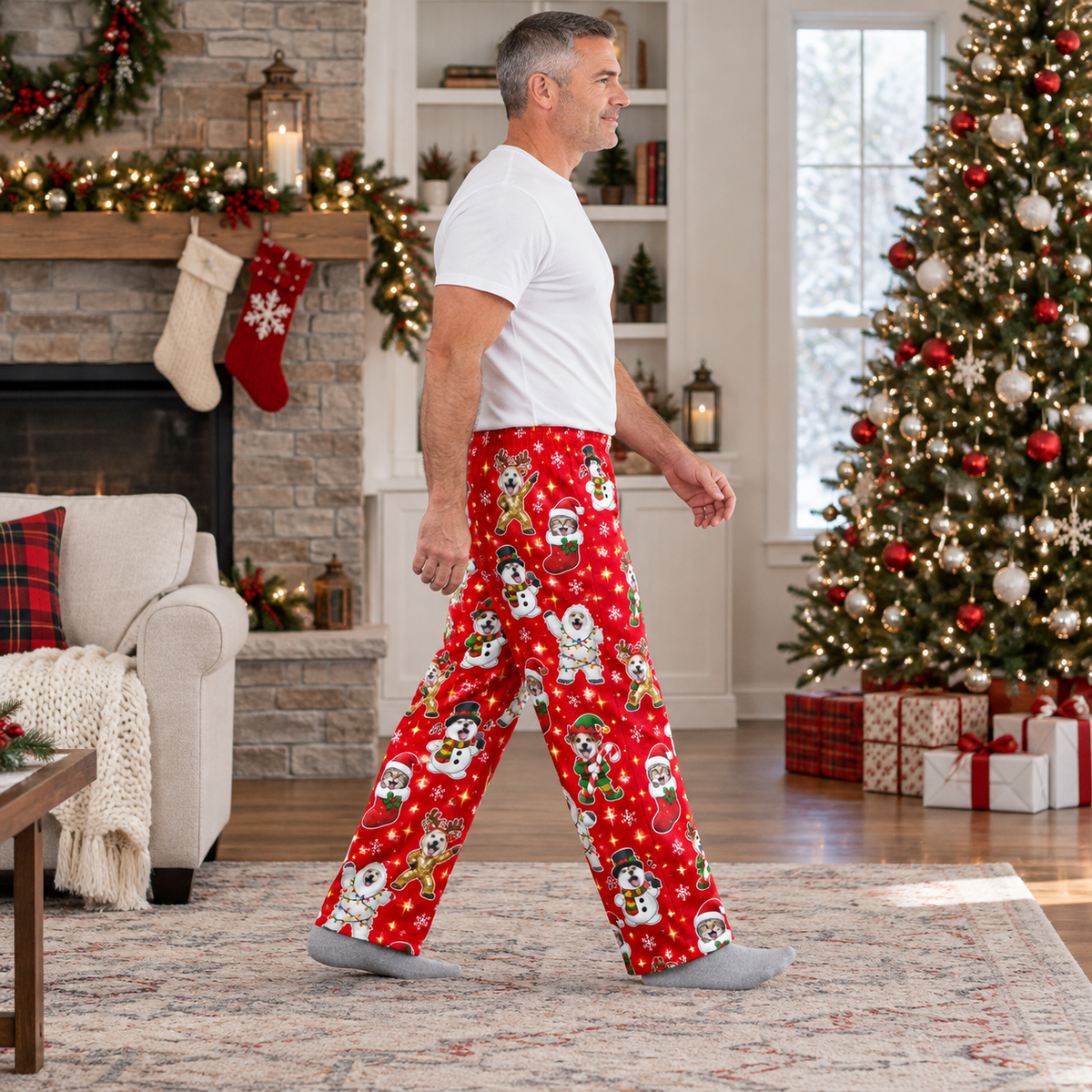 Christmas Pajama Pants Dog Pattern Holiday Loungewear Trousers