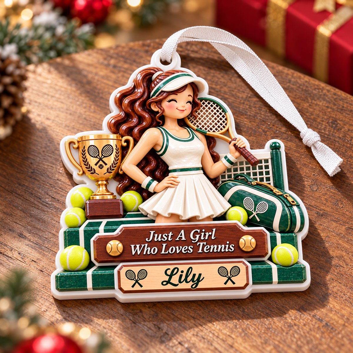 Girl Tennis Player with Trophy and Court Net Holiday Keepsake - 3D Relief Ornament