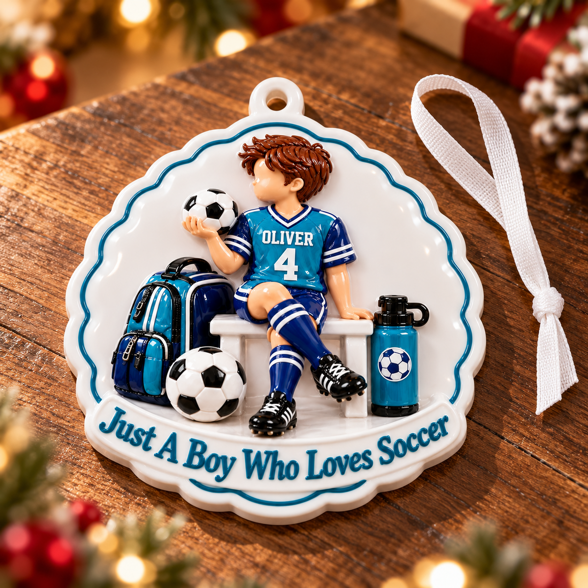 Soccer Boy Player Bench Holiday Keepsake with Scalloped Edge - 3D Relief Ornament