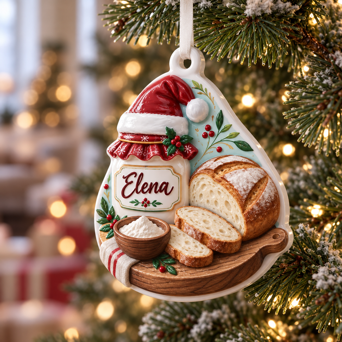Sourdough Bread Baker Christmas Decoration with Starter Jar and Sliced Loaf - 3D Relief Ornament