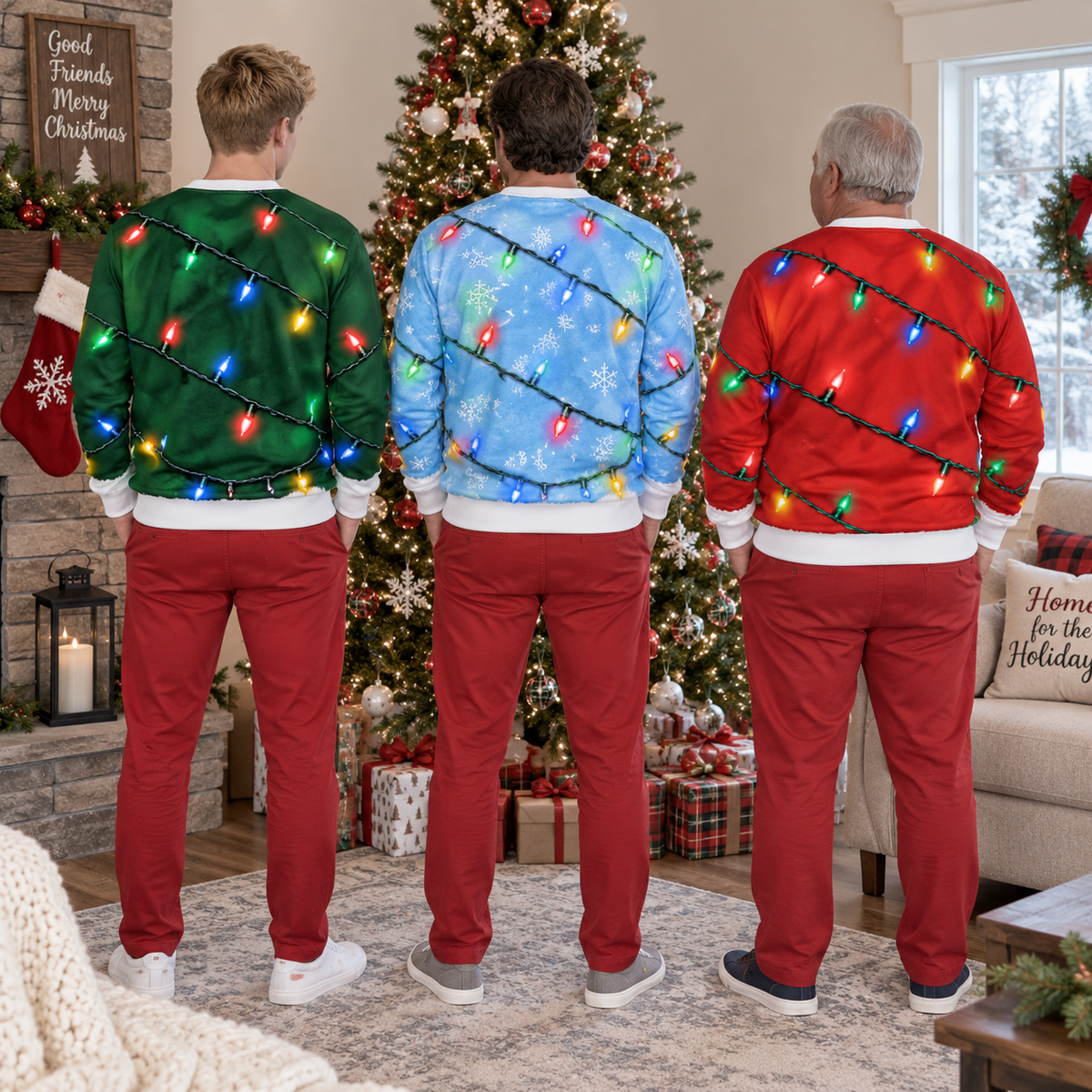 Ugly Christmas Sweatshirt Funny Hairy Belly String Lights Pullover