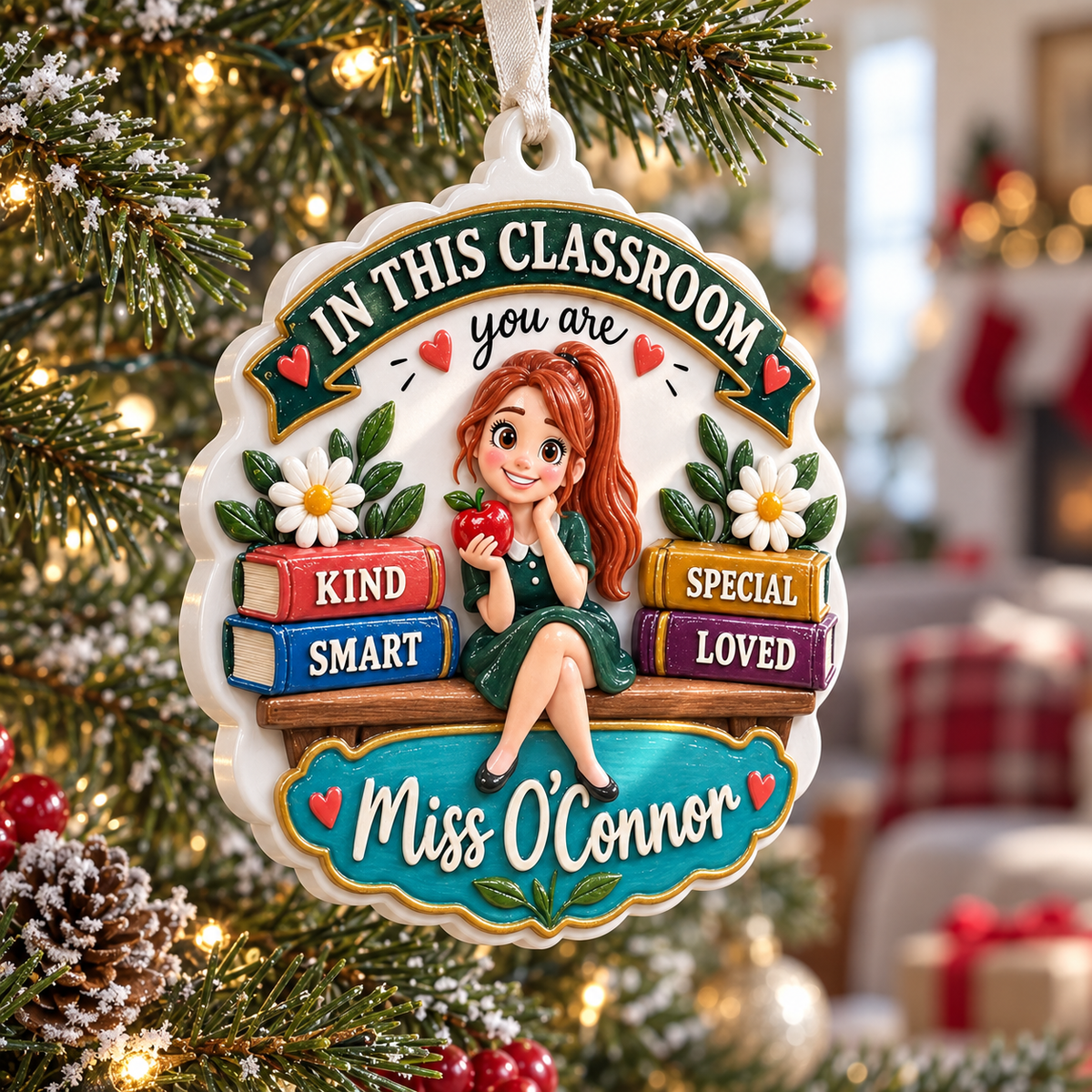 Classroom Teacher Hanging Keepsake with Stacked Books and Red Apple - 3D Relief Ornament