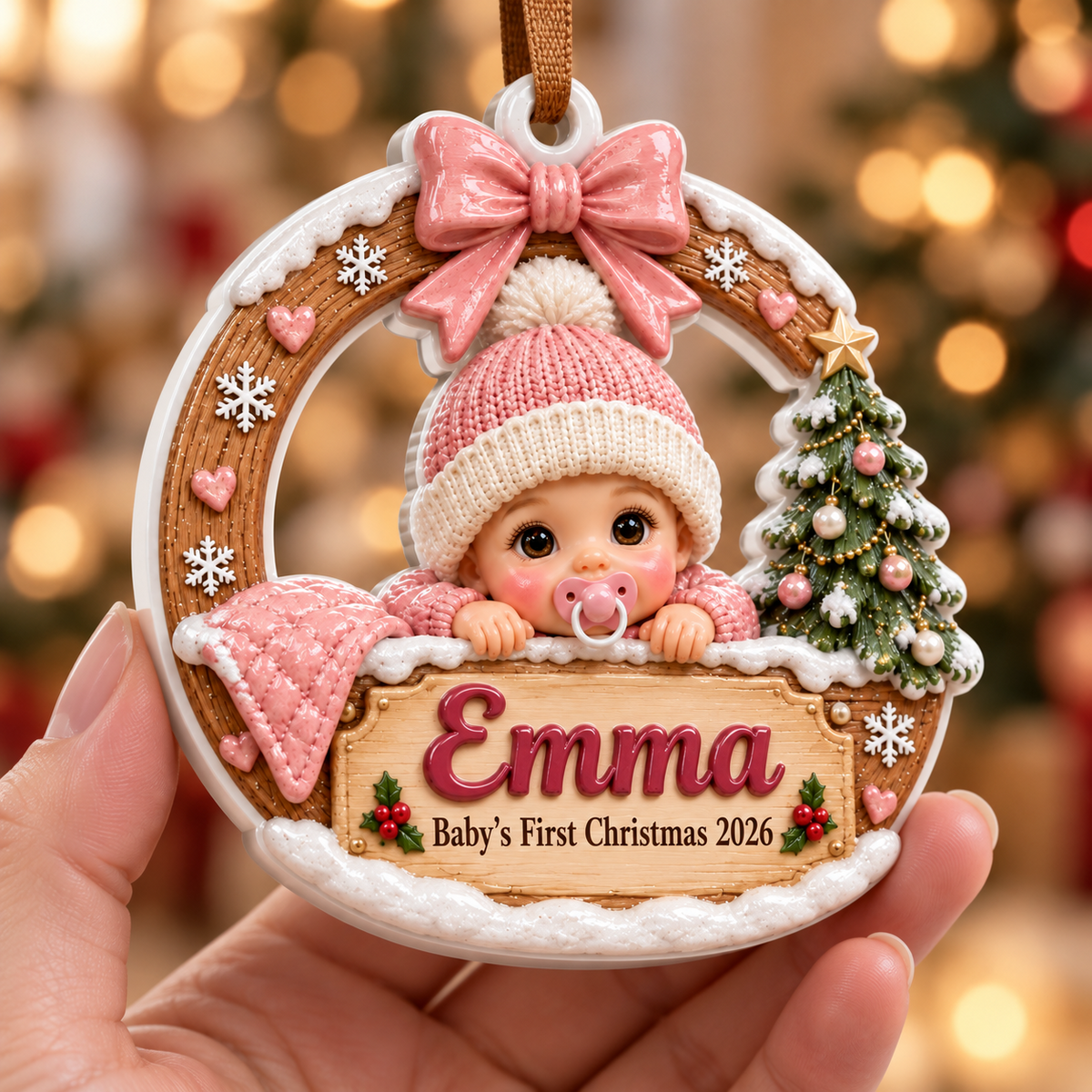 Baby Girl First Christmas Wreath with Pink Knit Beanie and Tree - 3D Relief Ornament