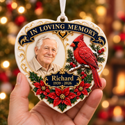 Heart Memorial Keepsake with Red Cardinal and Poinsettia Accents - 3D Relief Ornament