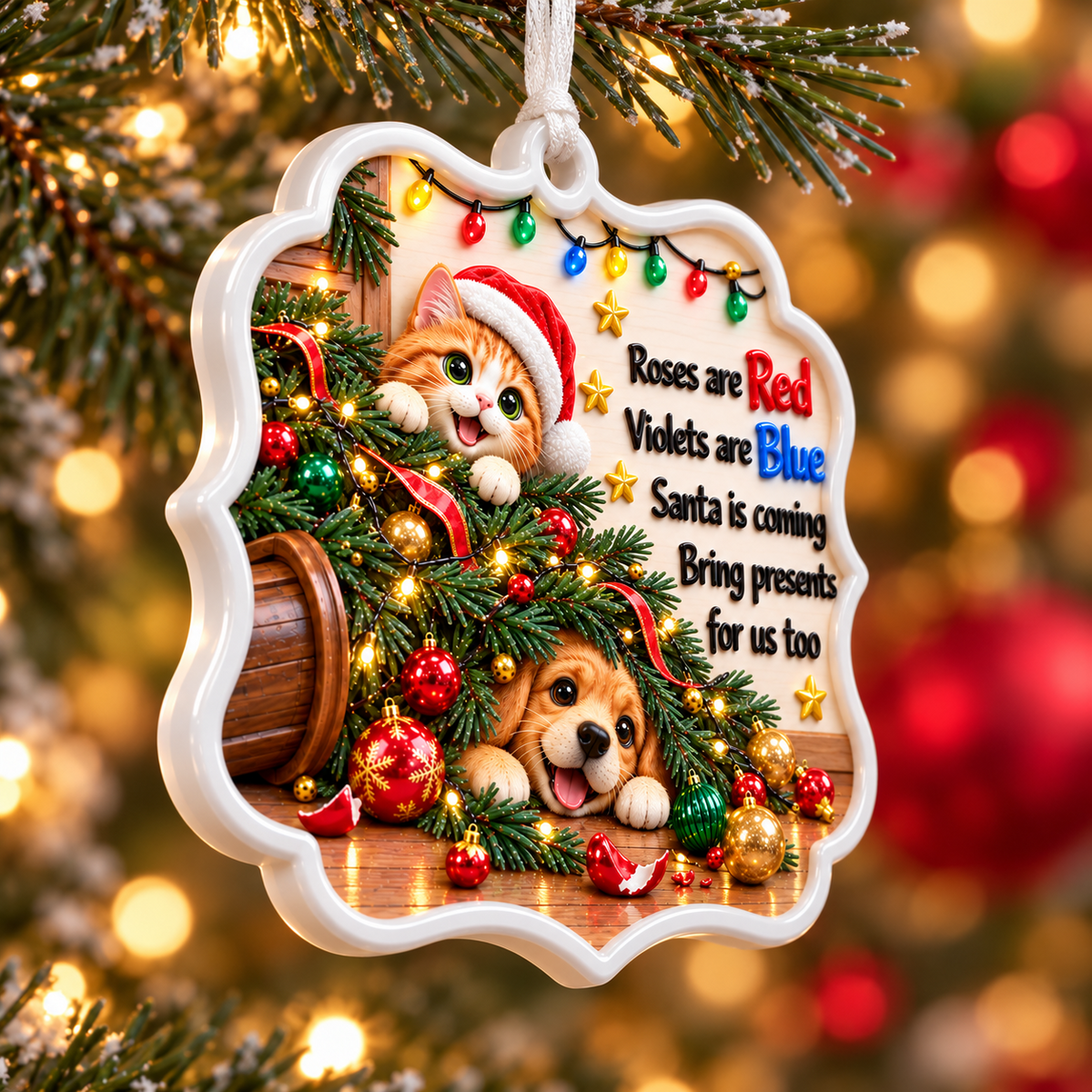 Holiday Pet Plaque Featuring Cat and Dog in Fallen Christmas Tree - 3D Relief Ornament