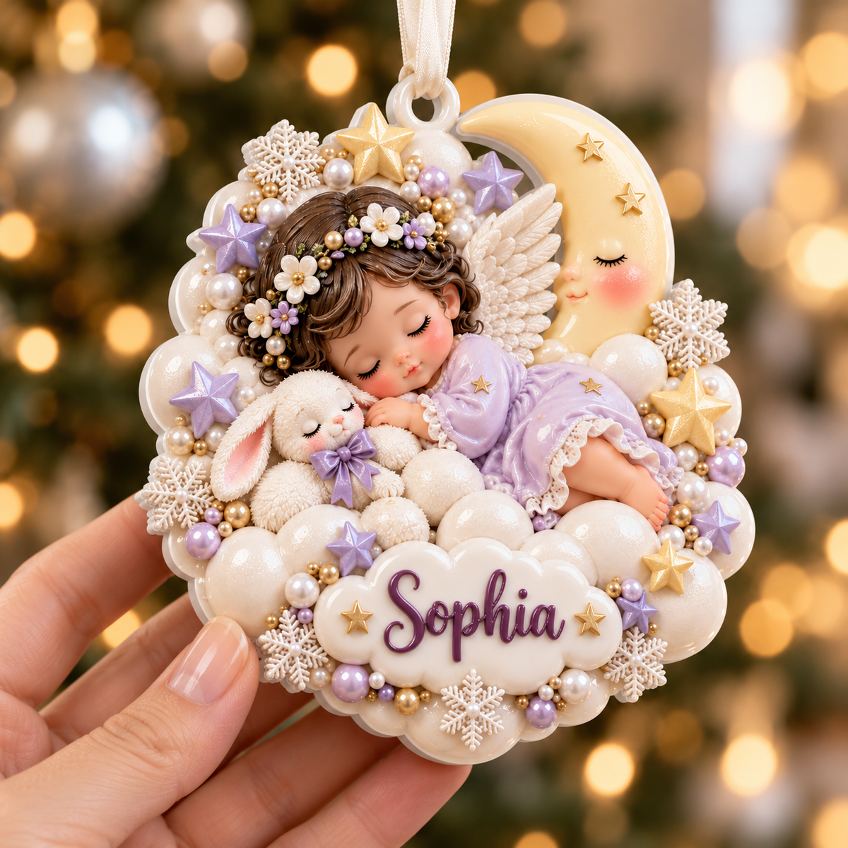 Sleeping Baby Angel with Bunny and Crescent Moon Holiday Keepsake - 3D Relief Ornament