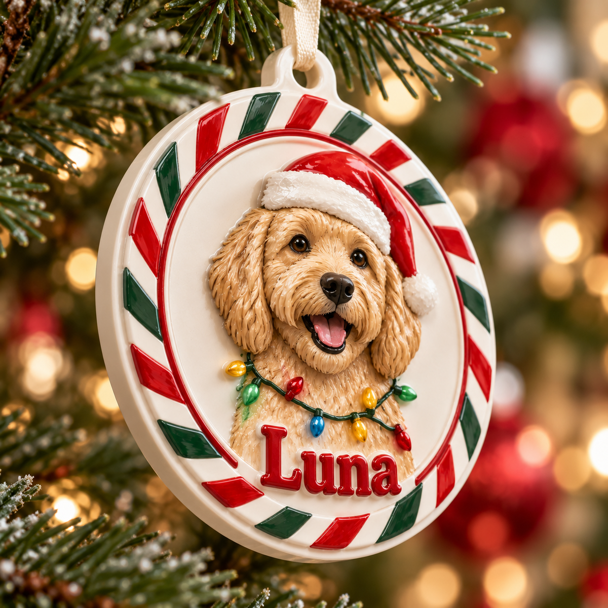 Christmas Goldendoodle Dog Holiday Medallion with Ribbon - 3D Relief Ornament