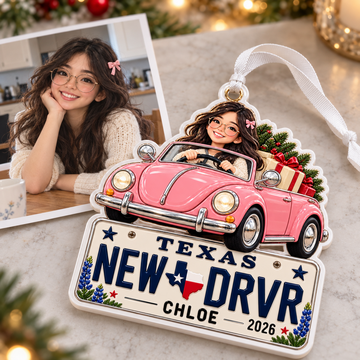 Pink Vintage Car Texas License Plate Holiday Keepsake - 3D Relief Ornament