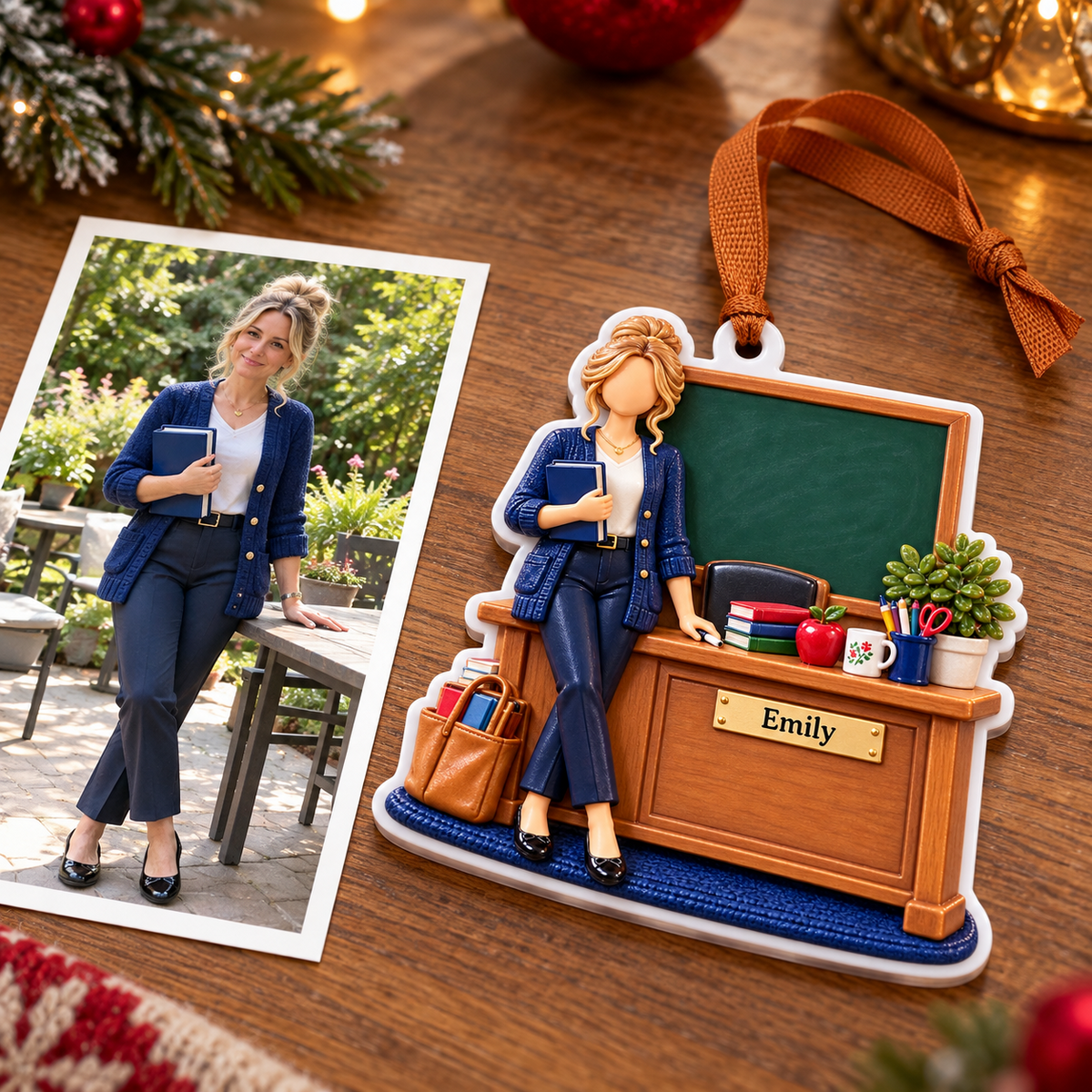Female Teacher at Classroom Desk with Blackboard and Books Holiday Decor - 3D Relief Ornament