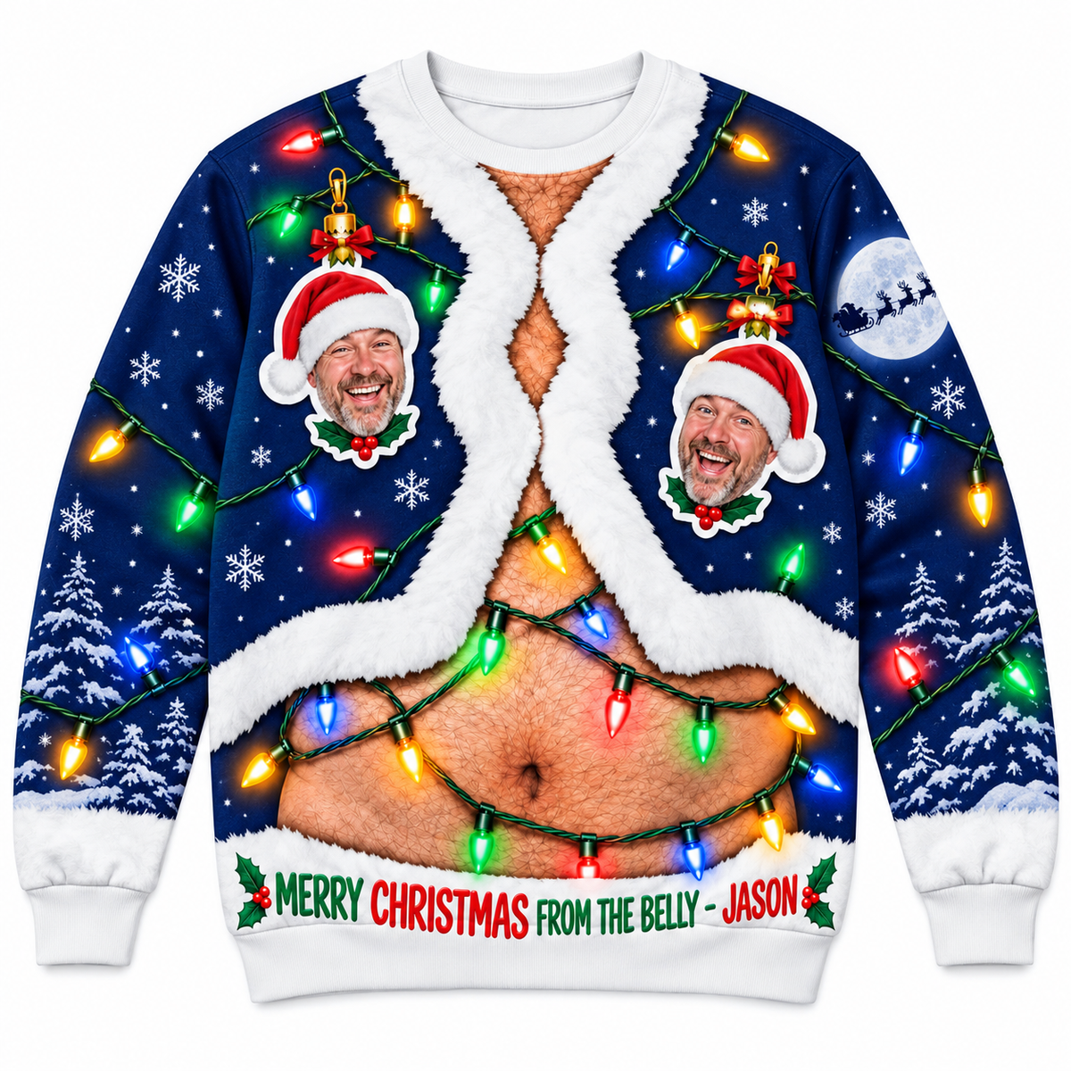 Ugly Christmas Sweatshirt Funny Hairy Belly String Lights Pullover