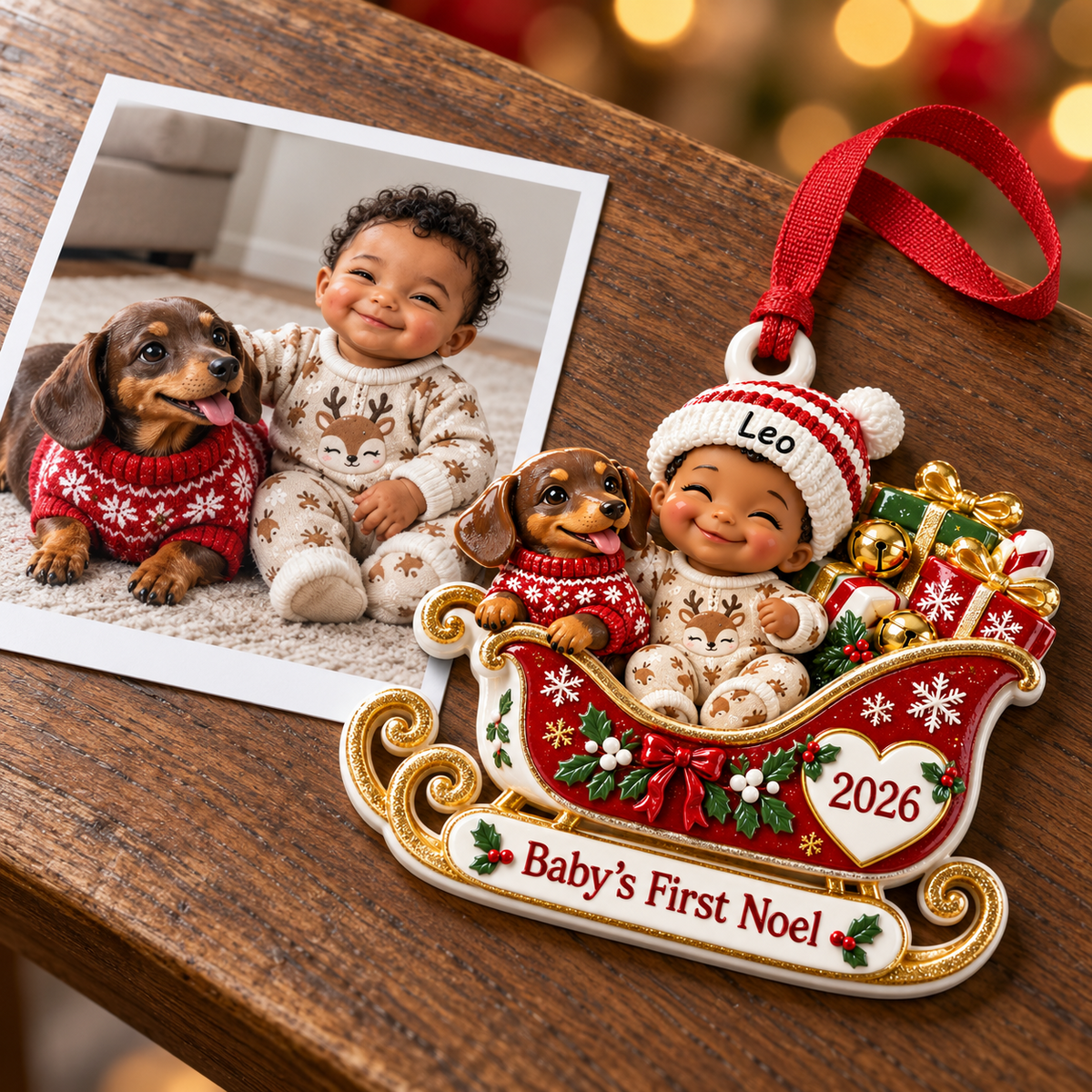 Baby's First Noel Christmas Sleigh with Dachshund Dog Keepsake - 3D Relief Ornament