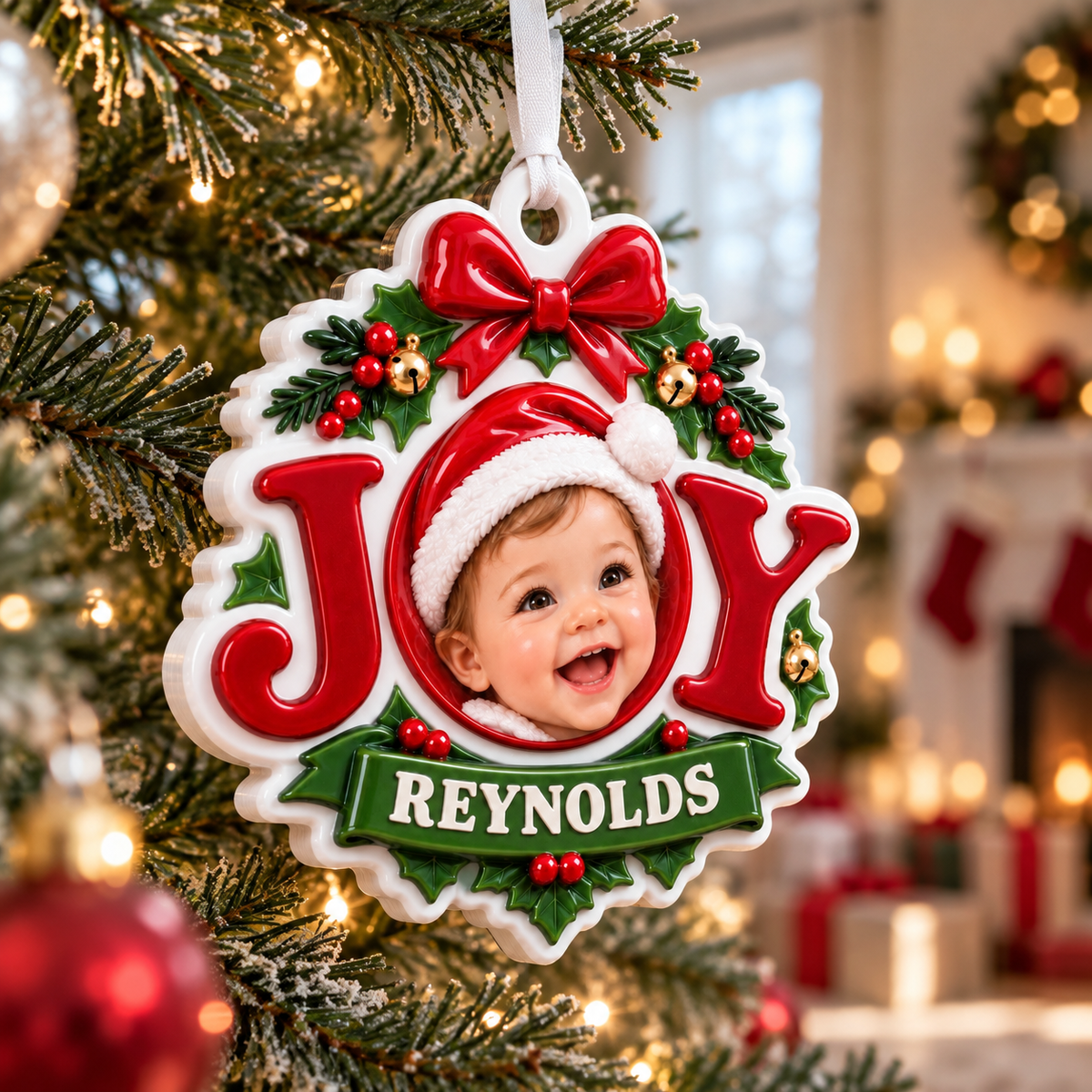 Christmas Joy Tree Hanging Frame Medallion with Red Ribbon Bow and Holly - 3D Relief Ornament