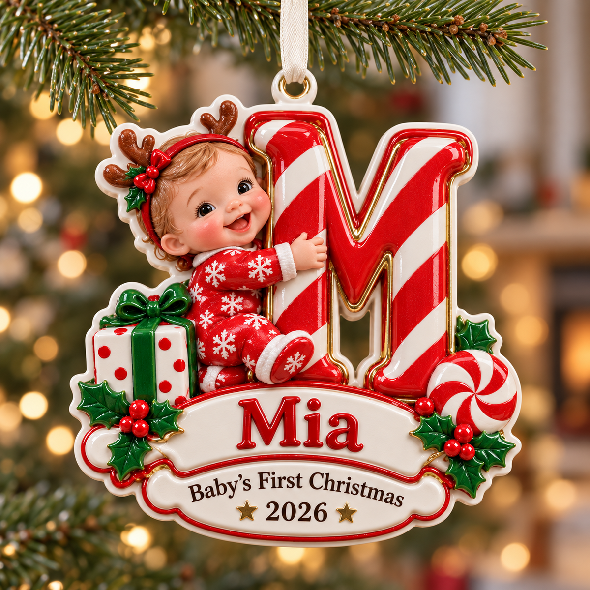 Baby First Christmas Initial Letter M Keepsake with Candy Cane Stripe - 3D Relief Ornament