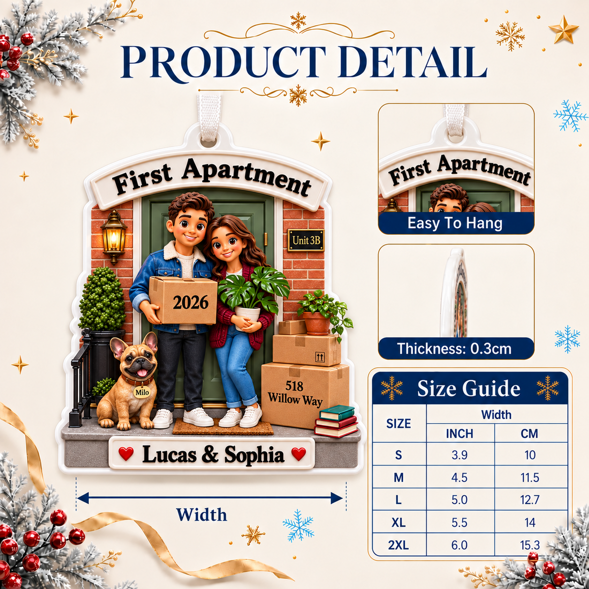 First Apartment Moving Couple with French Bulldog Front Porch Holiday Keepsake - 3D Relief Ornament