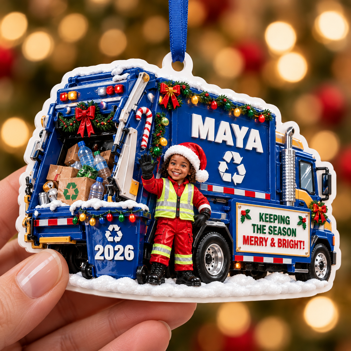 Recycling Garbage Truck Holiday Keepsake with Little Worker - 3D Relief Ornament