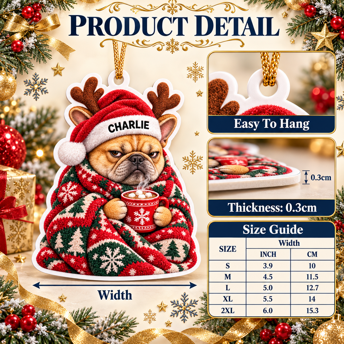 Grumpy French Bulldog in Christmas Blanket Acrylic Holiday Tree Decor - 3D Relief Ornament