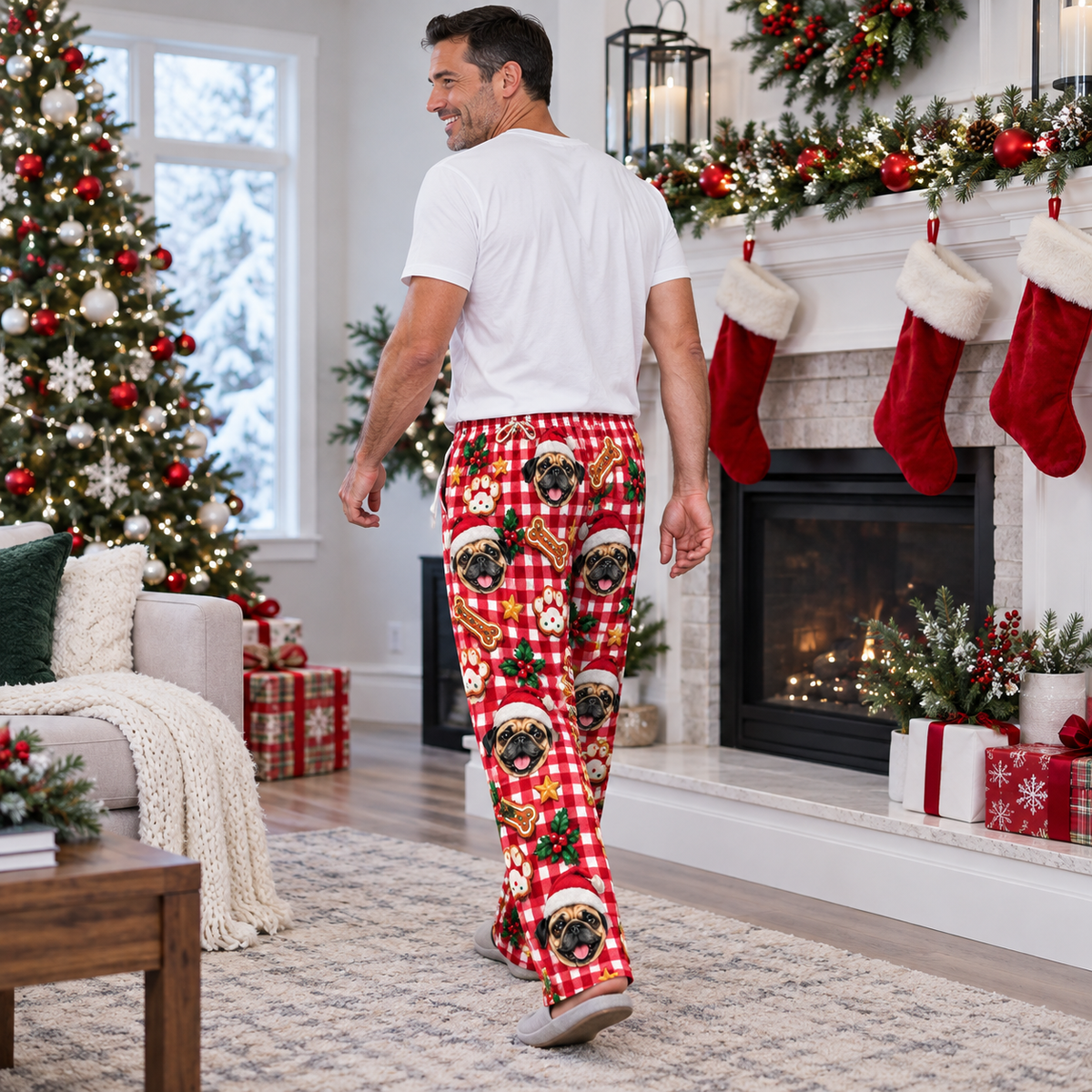 Mens Dog Christmas Pajama Pants Plaid Holiday Lounge Bottoms