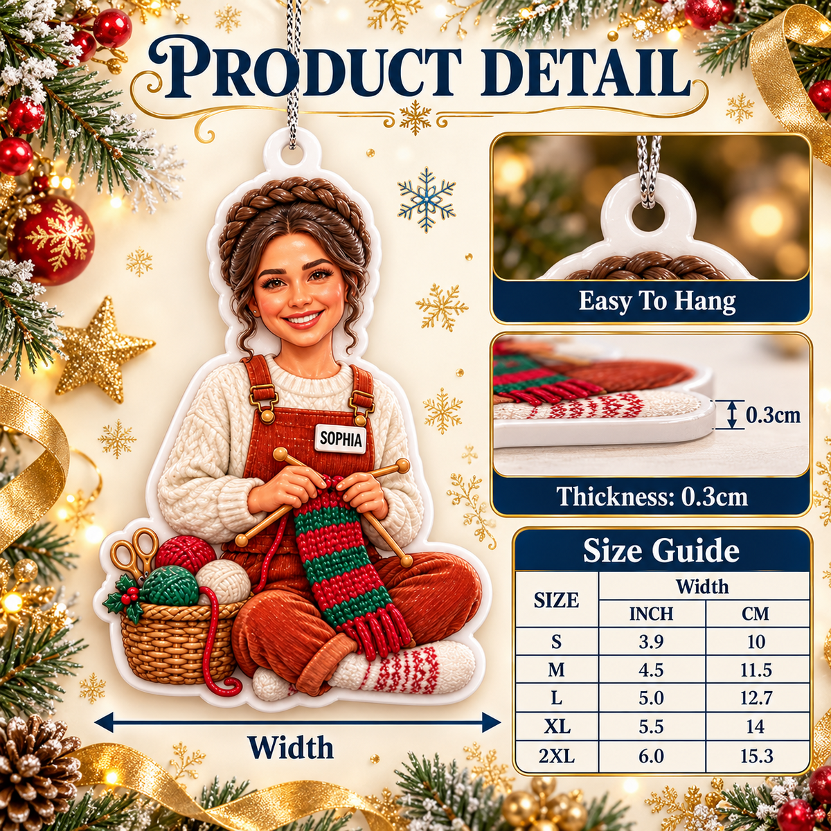 Knitting Girl Crafter with Yarn Basket Acrylic Holiday Hanging Keepsake - 3D Relief Ornament