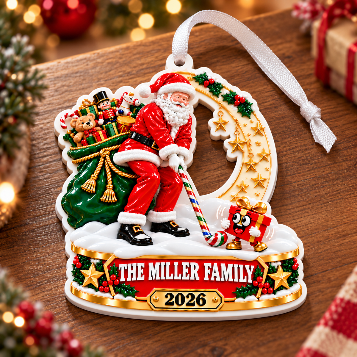 Santa Claus Playing Golf with Toy Sack and Star Wreath Christmas Tree Decor - 3D Relief Ornament