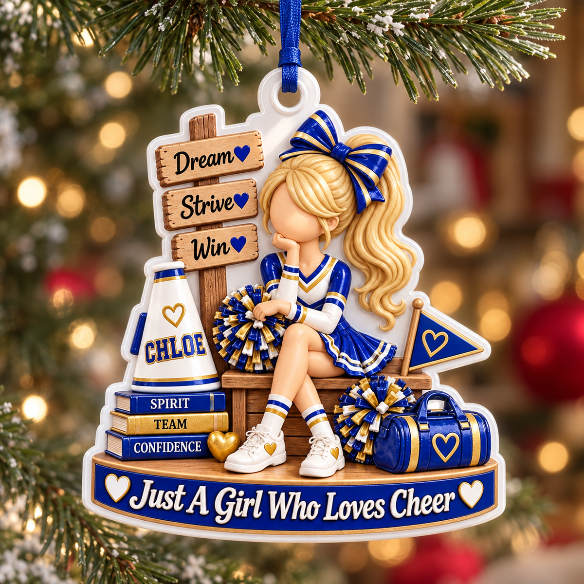 Cheerleading Girl with Megaphone and Pom Poms Acrylic Hanging Holiday Keepsake - 3D Relief Ornament