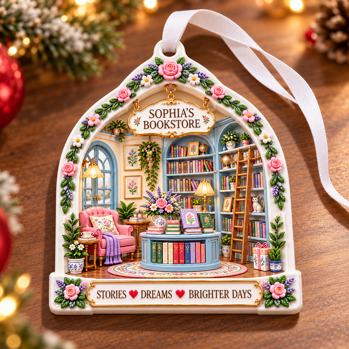Floral Arch Cozy Bookstore Library Booklover Keepsake - 3D Relief Ornament