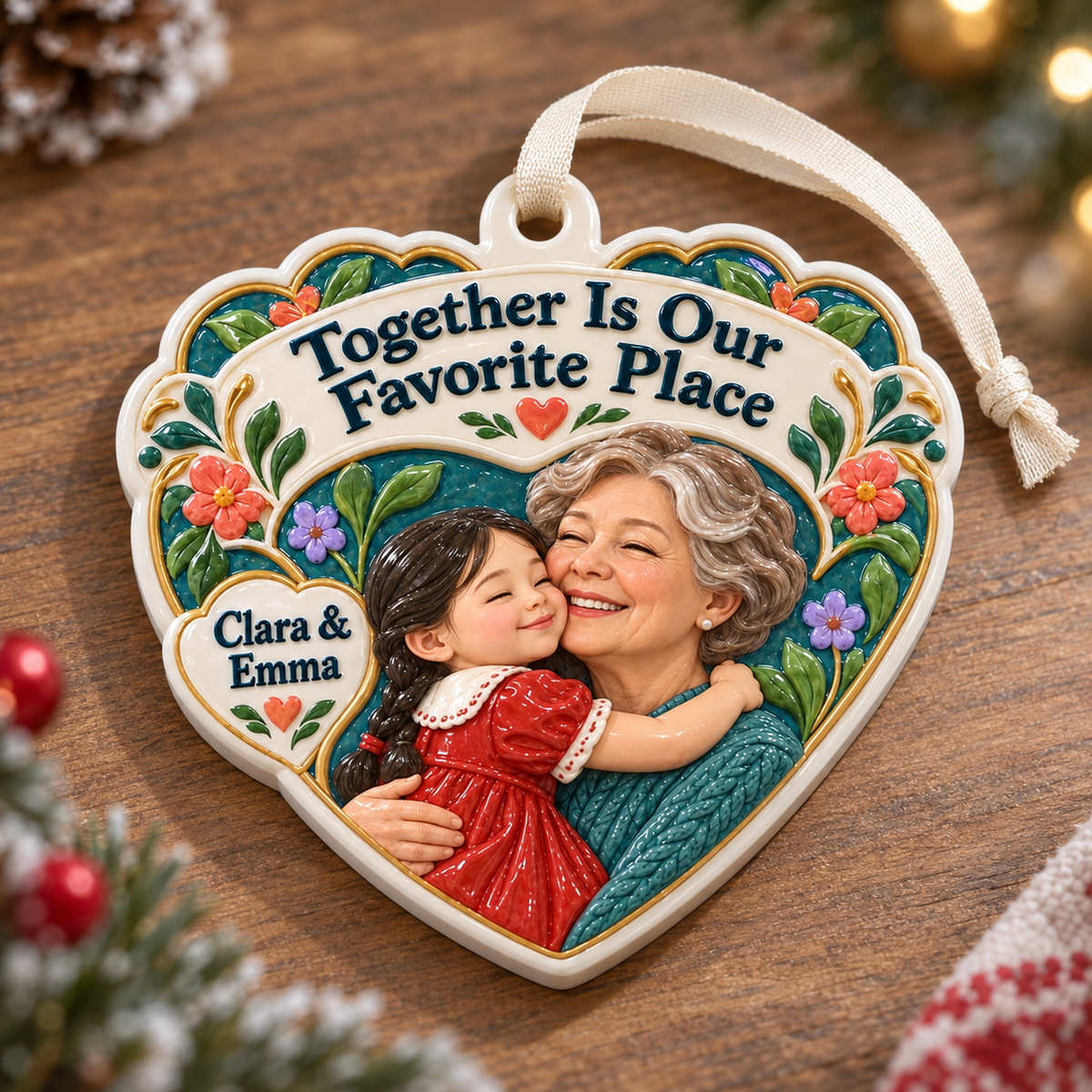 Grandmother and Granddaughter Heart Holiday Keepsake - 3D Relief Ornament